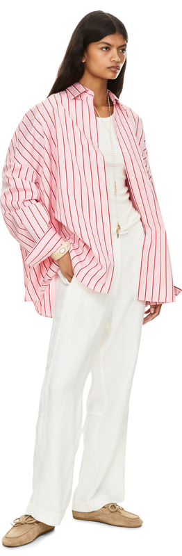 Weite Leinenhose mit Fischgrätmuster Crème