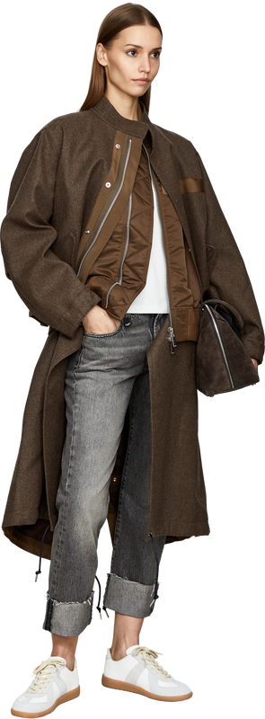 Wollflanellmantel mit Bomberjacke Braun