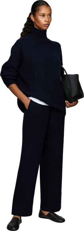 Weite Woll-Cashmere-Strickhose Marineblau