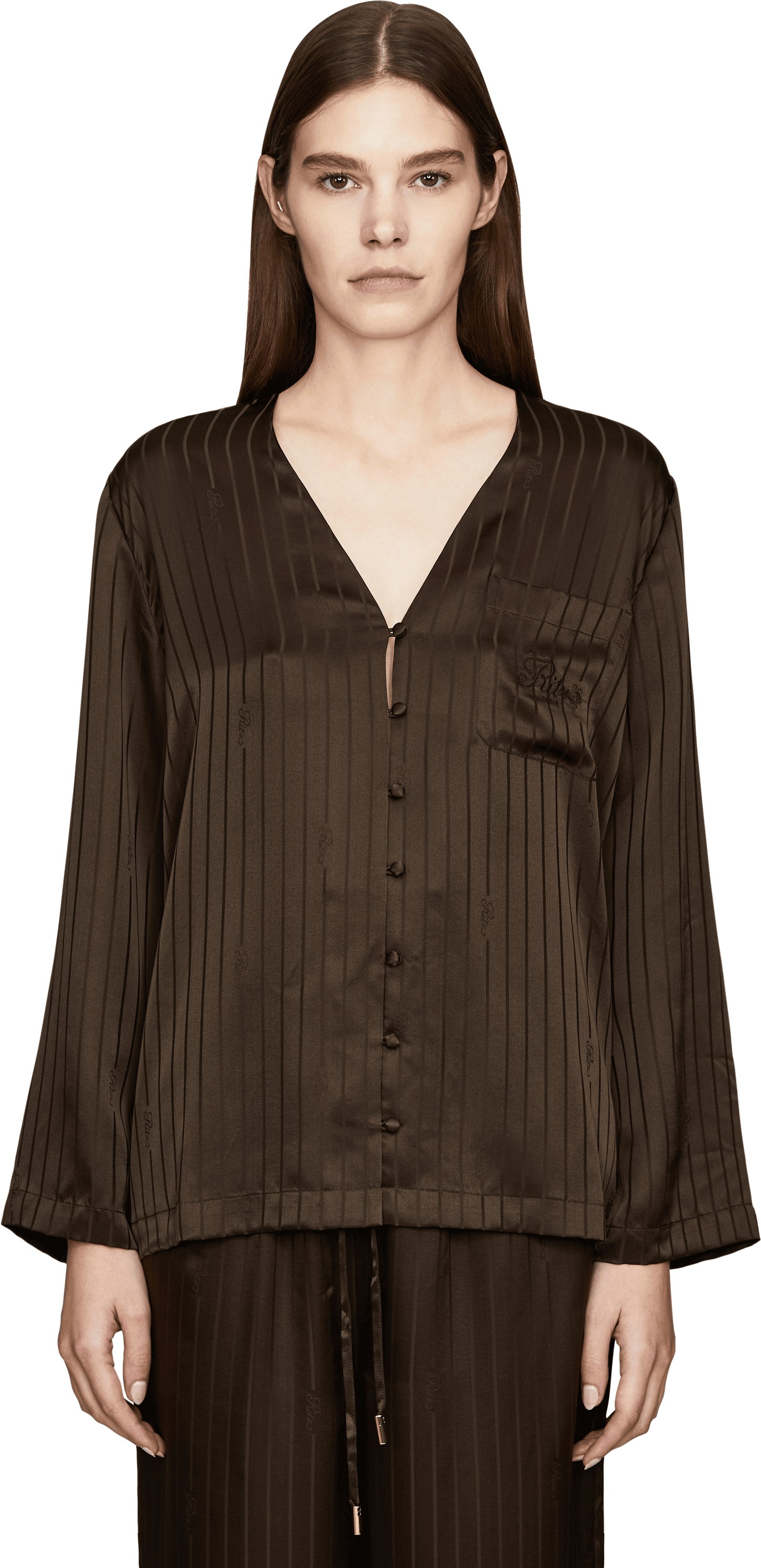 Frame Gestreiftes Pyjamahemd 'Frame x Ritz Paris' aus Seide Dunkelbraun, Frontansicht – UNGER.DE