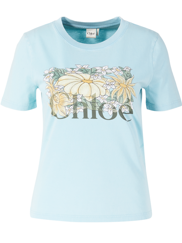 Florales T-Shirt mit Logo Türkis