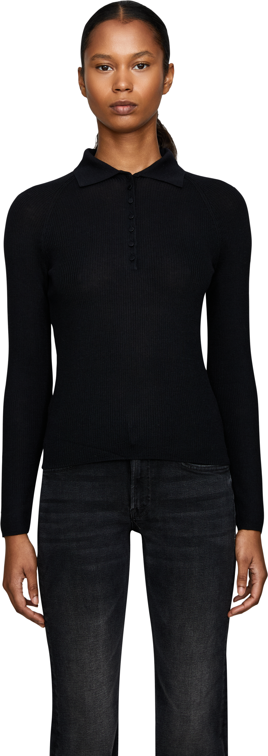 Vince Ribbed wool-silk jumper with a polo neck black, Front view – UNGER.DE