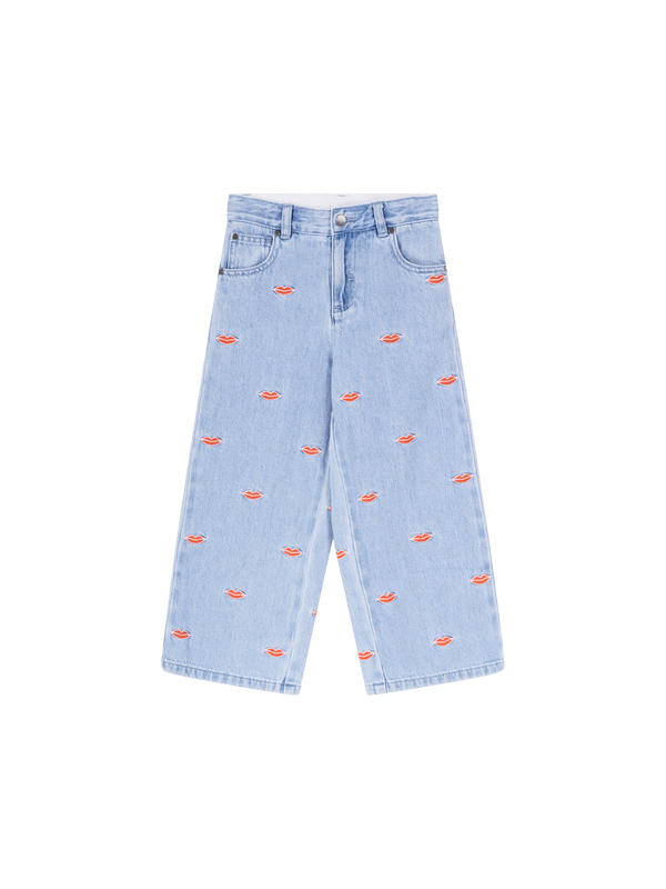 Weite Jeans mit Stickereien Hellbau