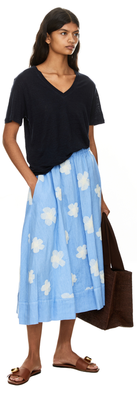 Bestickter Midirock aus Leinen Hellblau