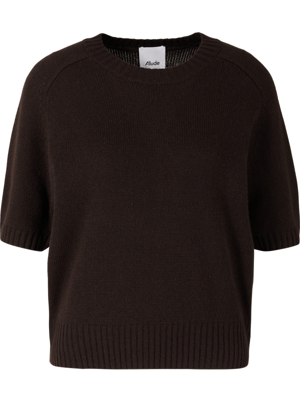 Kurzärmliger Cashmere-Rundhalspullover Dunkelbraun