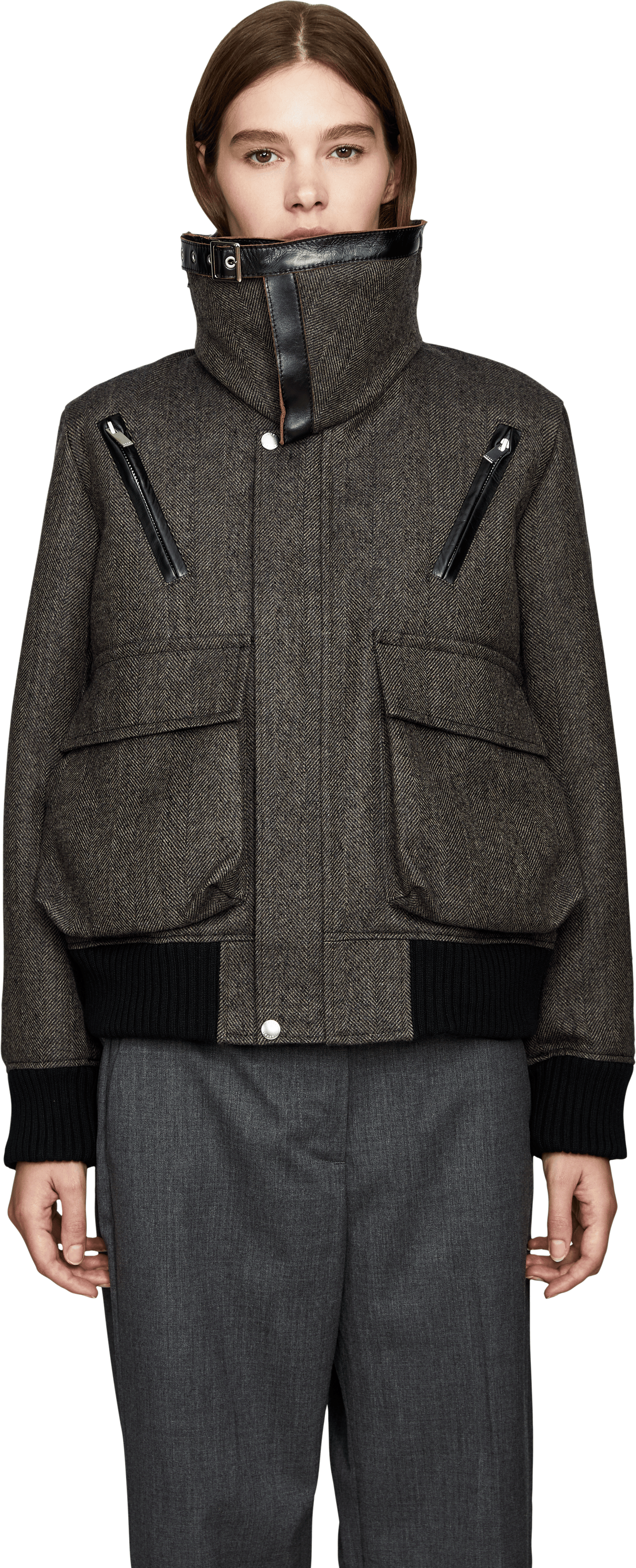 Sacai Hybrid-Bomberjacke mit Fischgrätenmuster Braun, Frontansicht – UNGER.DE