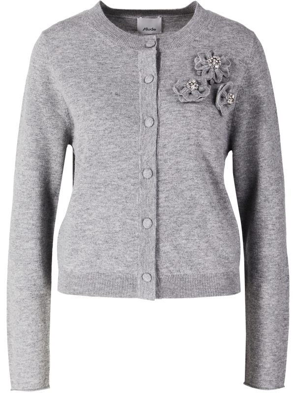 Wool-cashmere cardigan with knitted flowers grey