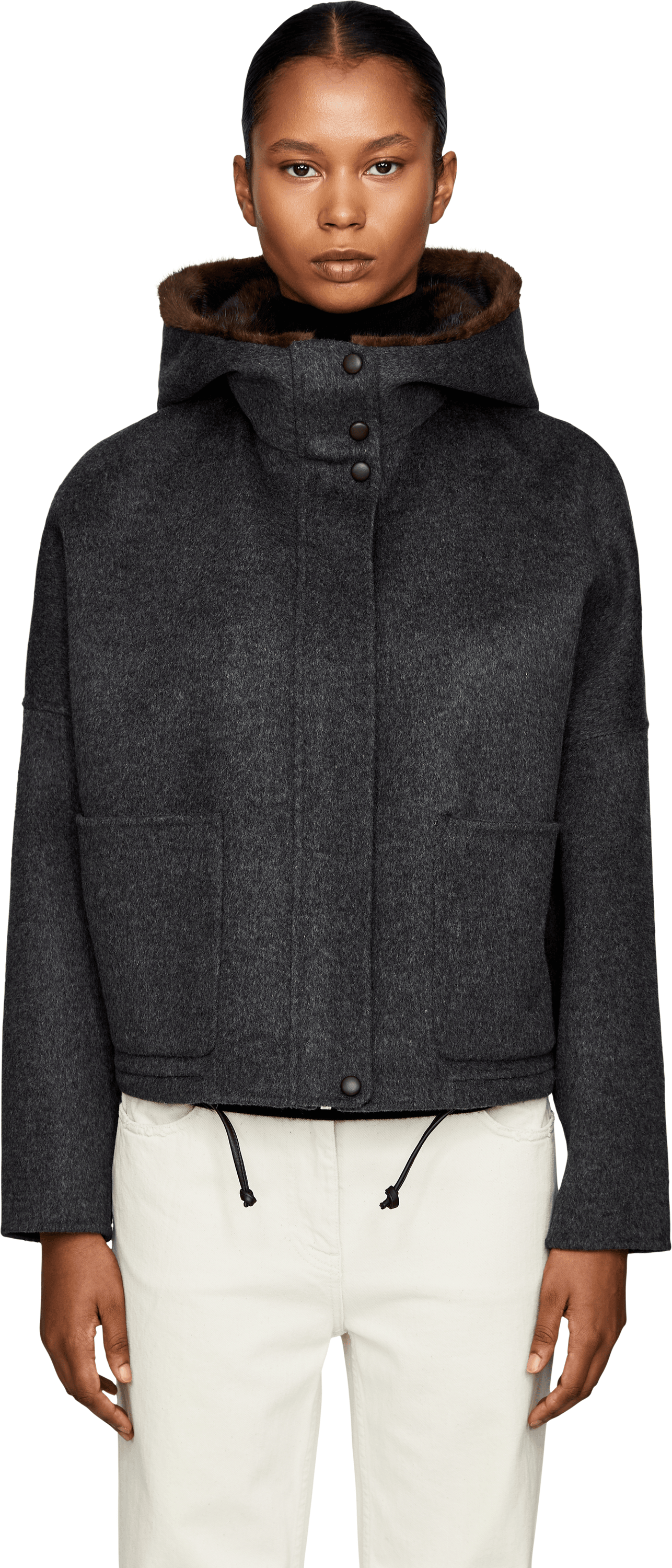 Yves Salomon Wool-cashmere jacket with fur hood dark grey , Front view – UNGER.DE