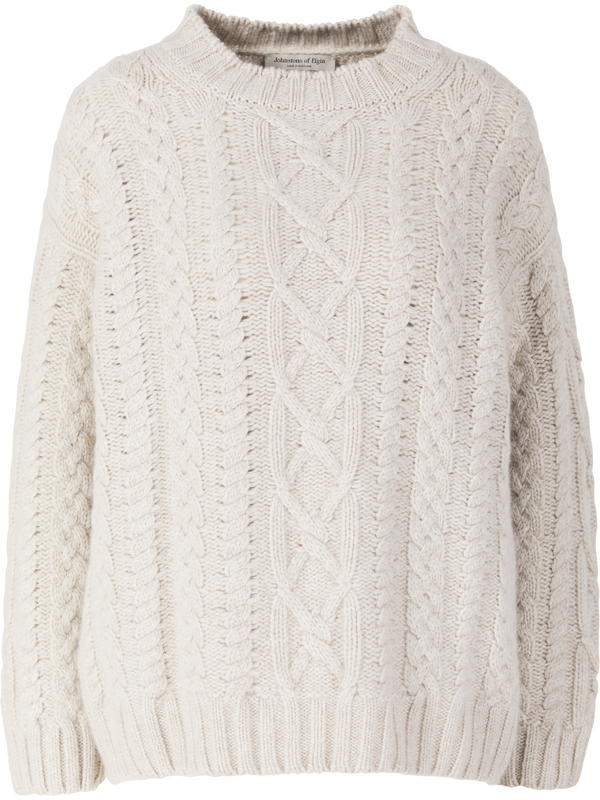 'Mabel' cashmere jumper with Aran cable knit pattern – beige