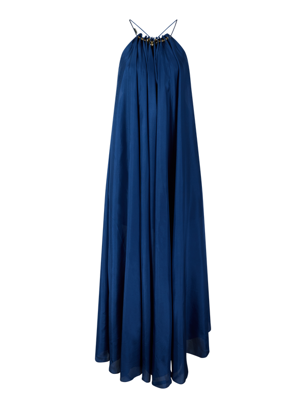 'Aster Gathered Bead' silk maxi dress with beads – blue