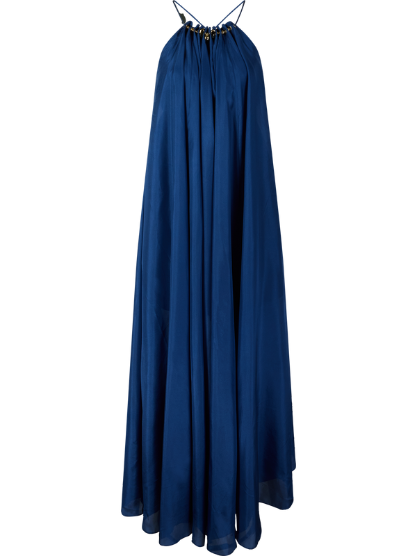 Maxikleid 'Aster Gathered Bead' aus Seide mit Perlen Blau