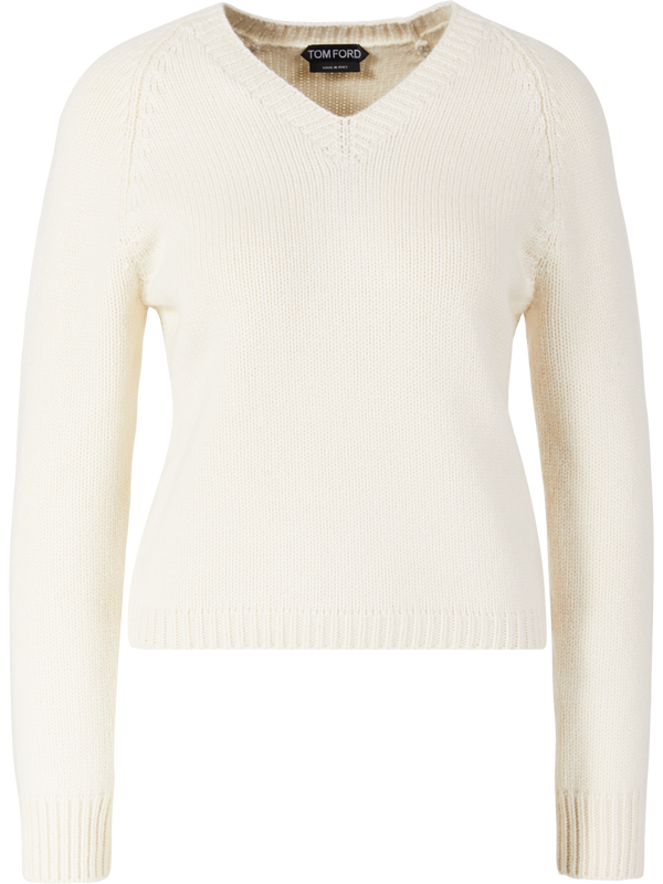 Woll-Cashmere-Pullover mit V-Ausschnitt Crème