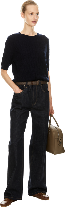 Short-sleeved cashmere jumper a cable knit pattern navy blue