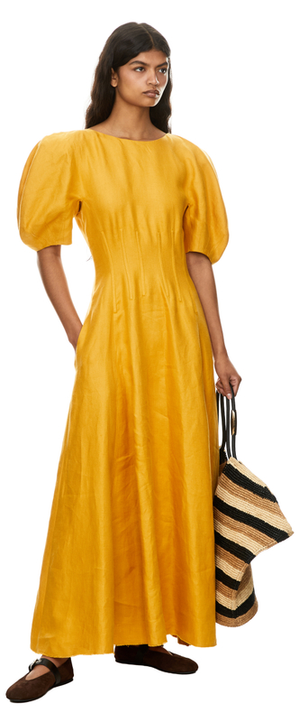 Leinenkleid 'Ranya' mit Puffärmel Gelb