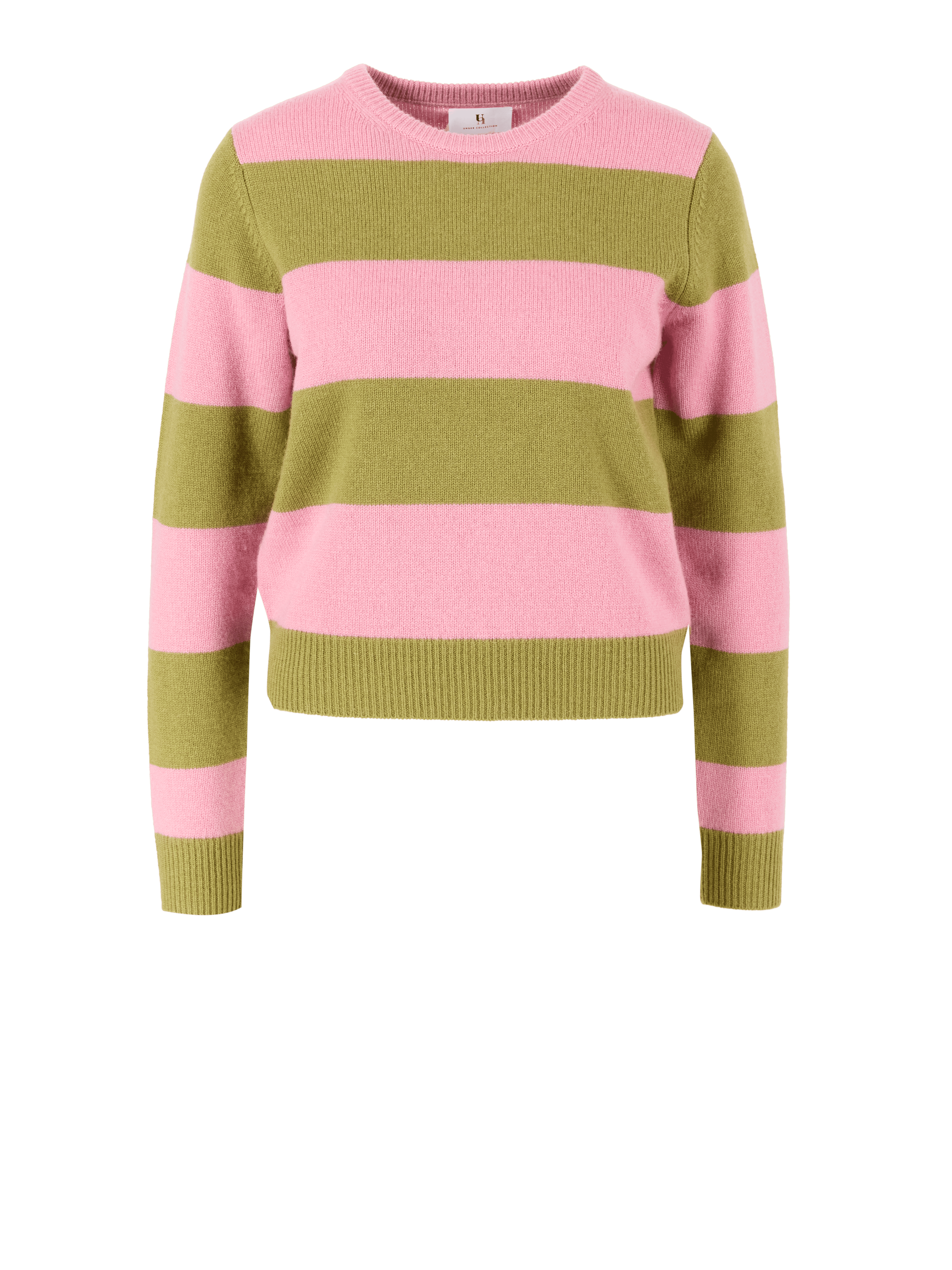 Gestreifter Boxy Cashmere-Pullover Olivgrün/Rosé