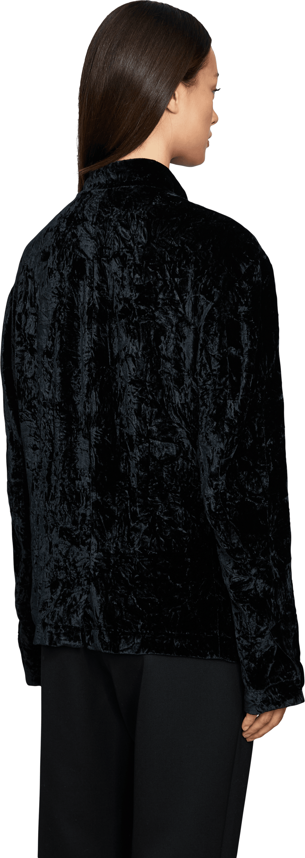 META CAMPANIA COLLECTIVE Oversized Hemdjacke 'Julian' aus zerknittertem Samt Schwarz, Rückansicht – UNGER.DE