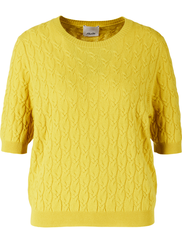 Short-sleeved cashmere jumper with cable knit pattern yellow