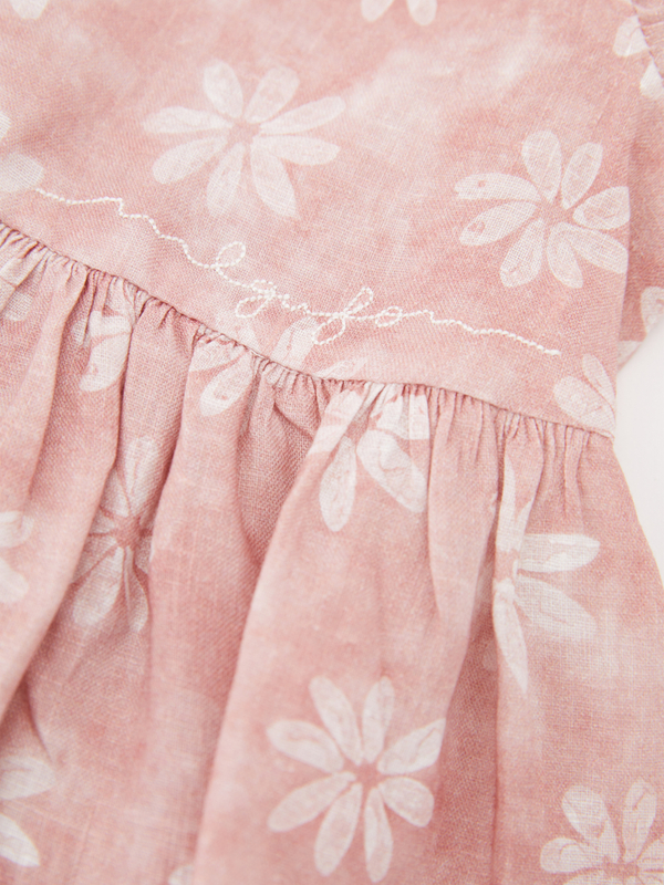 Florales Leinenkleid mit Schleife Rosa