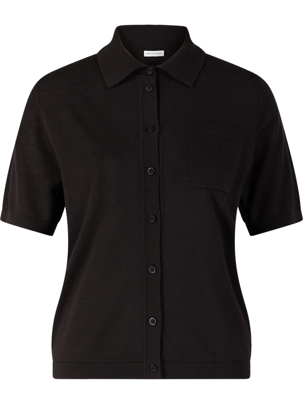 ‘Liana’ short-sleeved cashmere cardigan with a polo neck in chocolate
