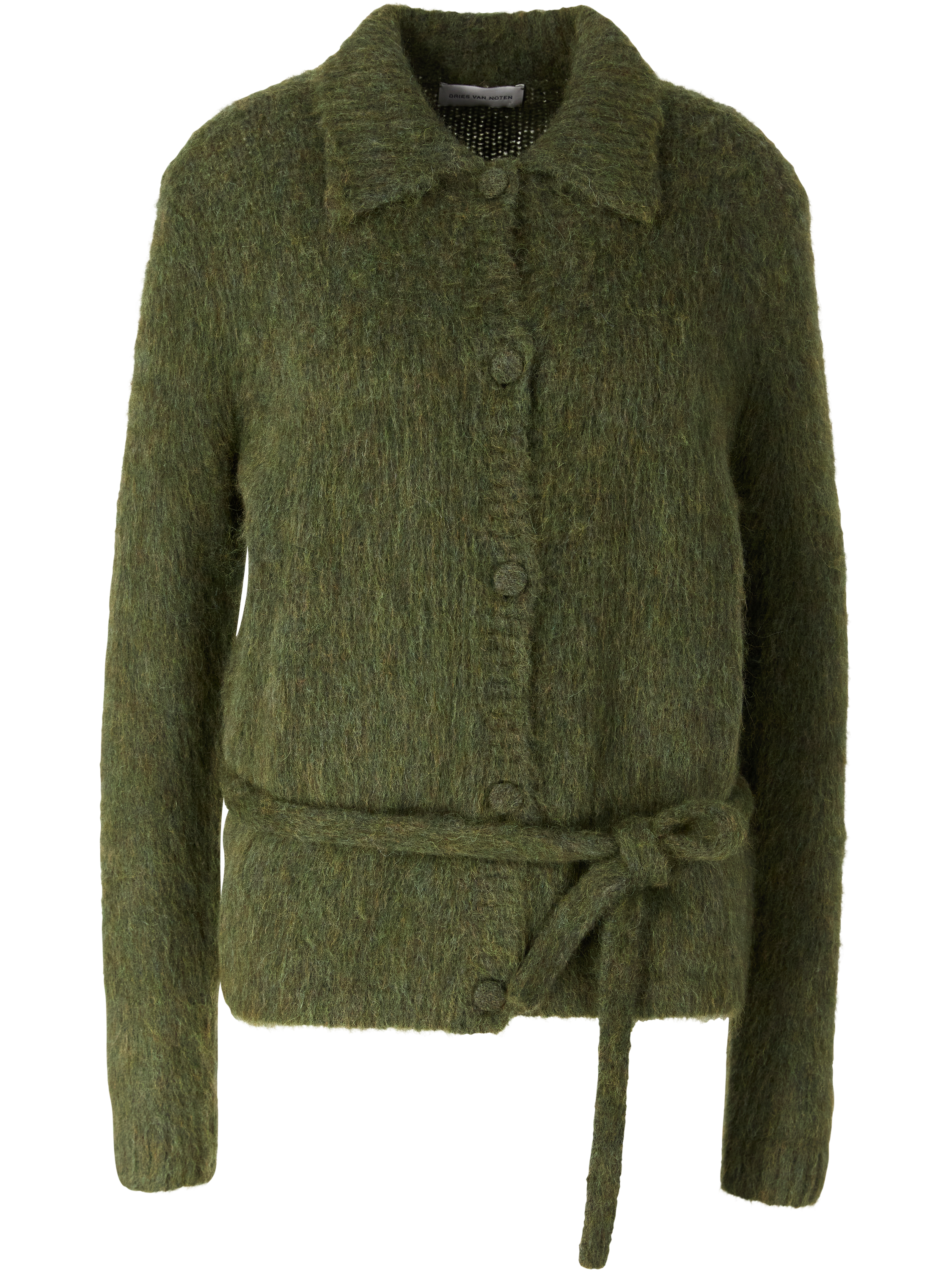 Dries van Noten Alpaka-Merino-Strickjacke 'Toco' mit Bindegürtel Grün, Produktansicht – UNGER.DE