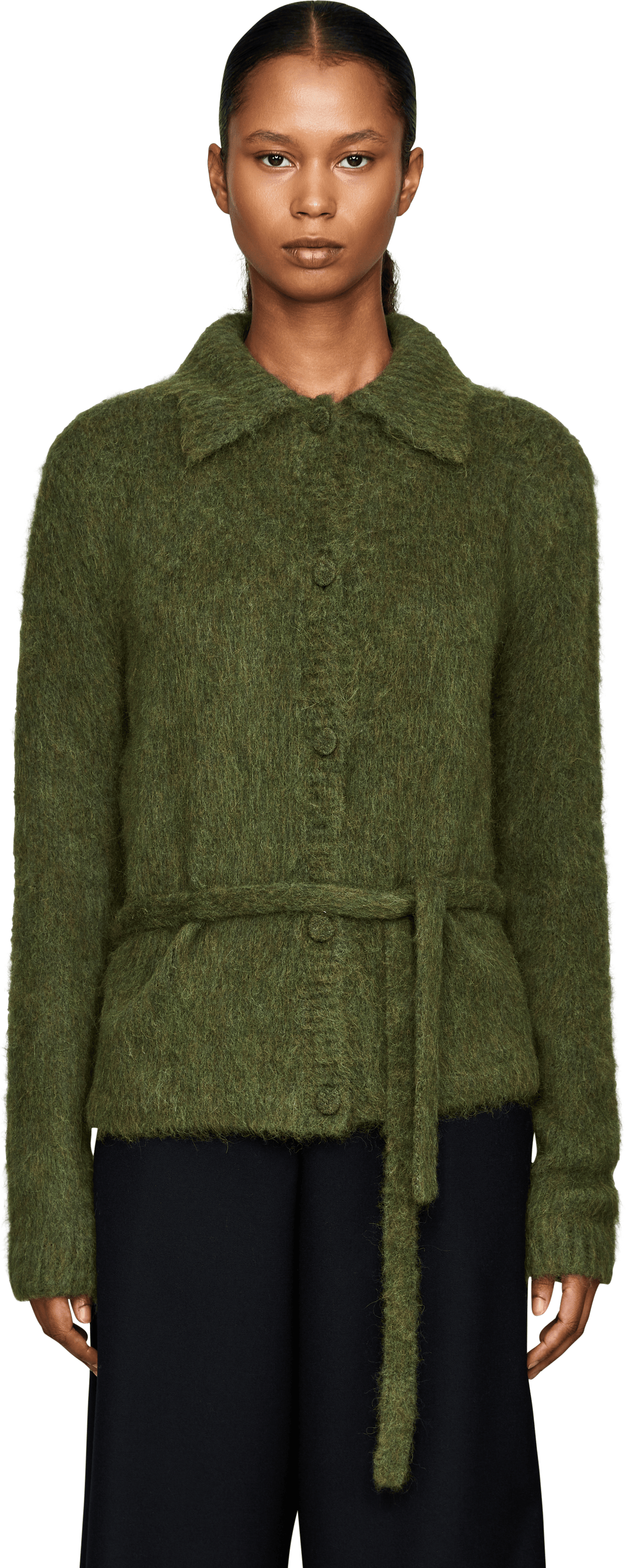 Dries van Noten Alpaka-Merino-Strickjacke 'Toco' mit Bindegürtel Grün, Frontansicht – UNGER.DE