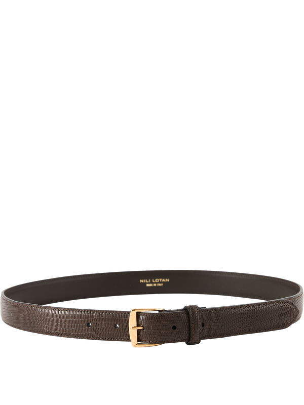 'Sloane' leather belt with lizard embossing dark brown