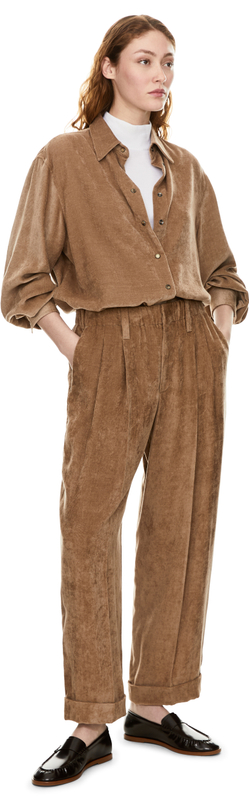 Corduroy shirt with monili beads beige