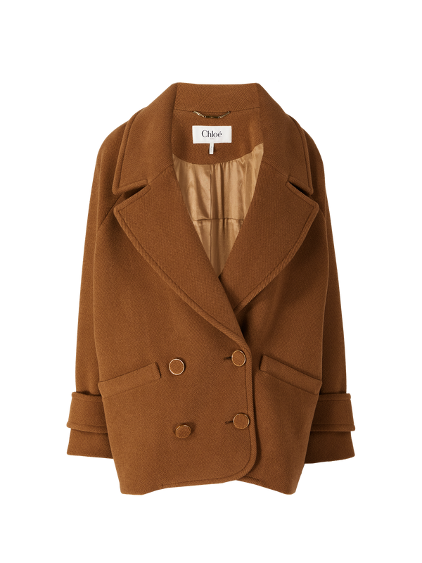 Oversized camel-coloured virgin wool pea coat