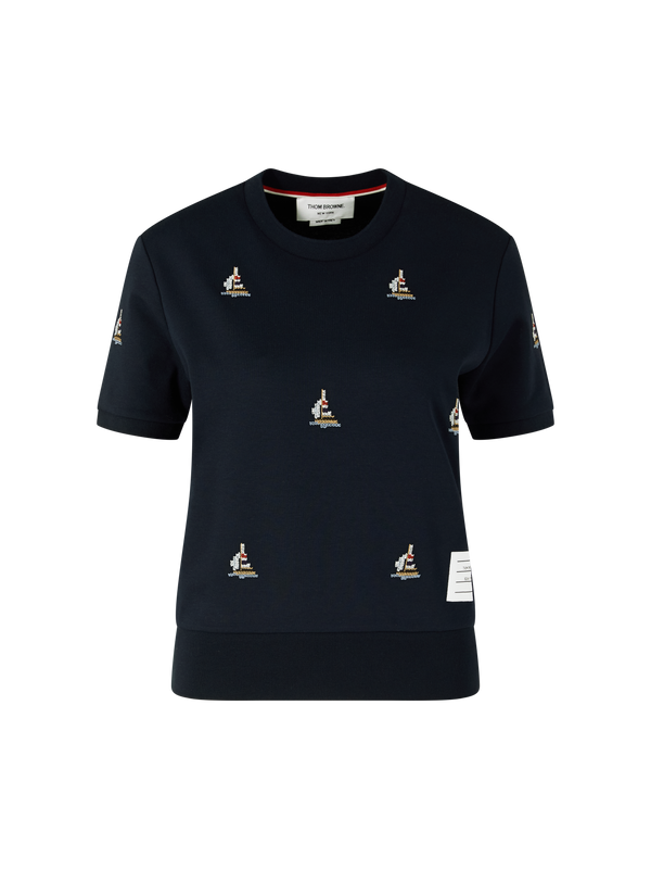 T-Shirt mit Segelboot-Stickerei Marineblau