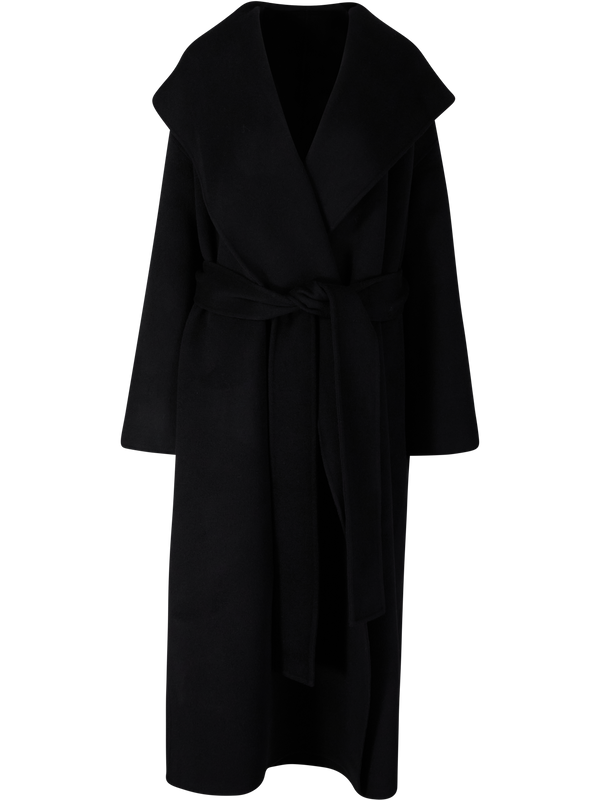 'Hoodie' woollen coat with belt, black