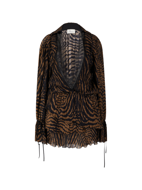 Kurzes Chiffonkleid mit Volants und Spitze Braun