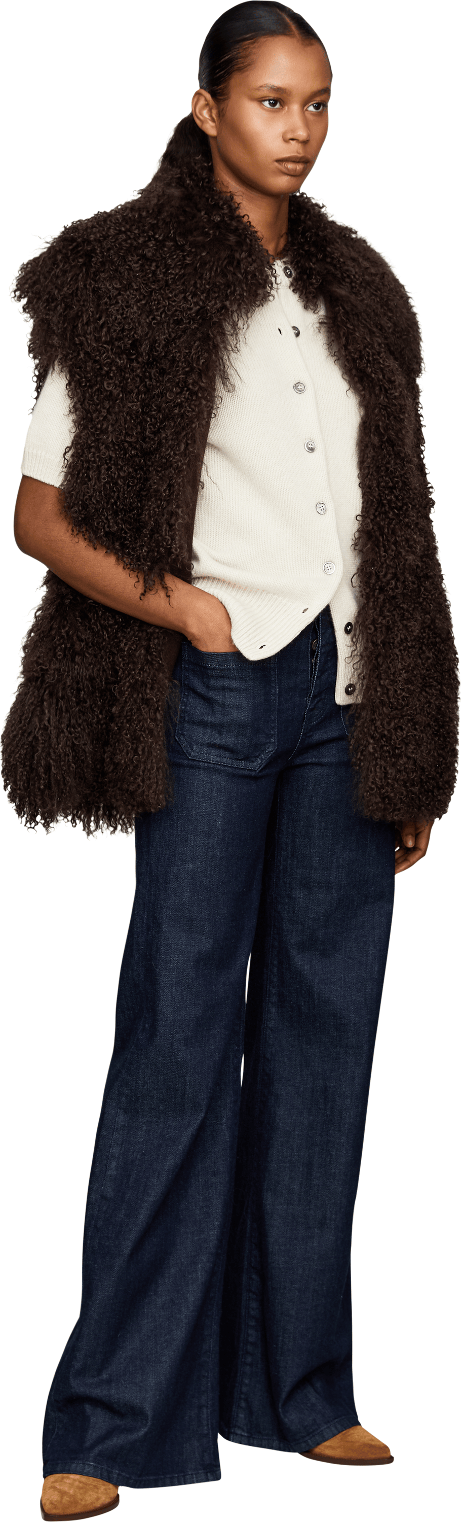 Yves Salomon Vest made from curly lambskin dark brown, Modelview – UNGER.DE