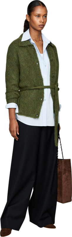 Alpaka-Merino-Strickjacke 'Toco' mit Bindegürtel Grün
