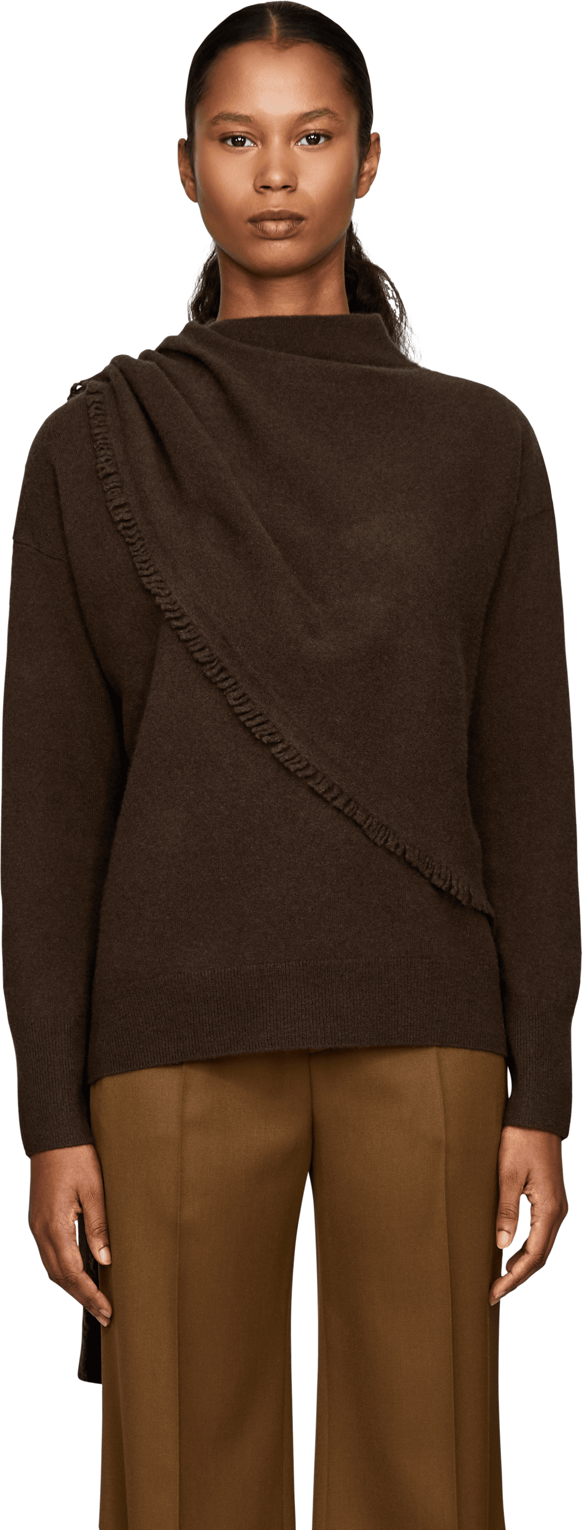 Vince Wool and cashmere jumper with fringed scarf – dark brown, Front view – UNGER.DE