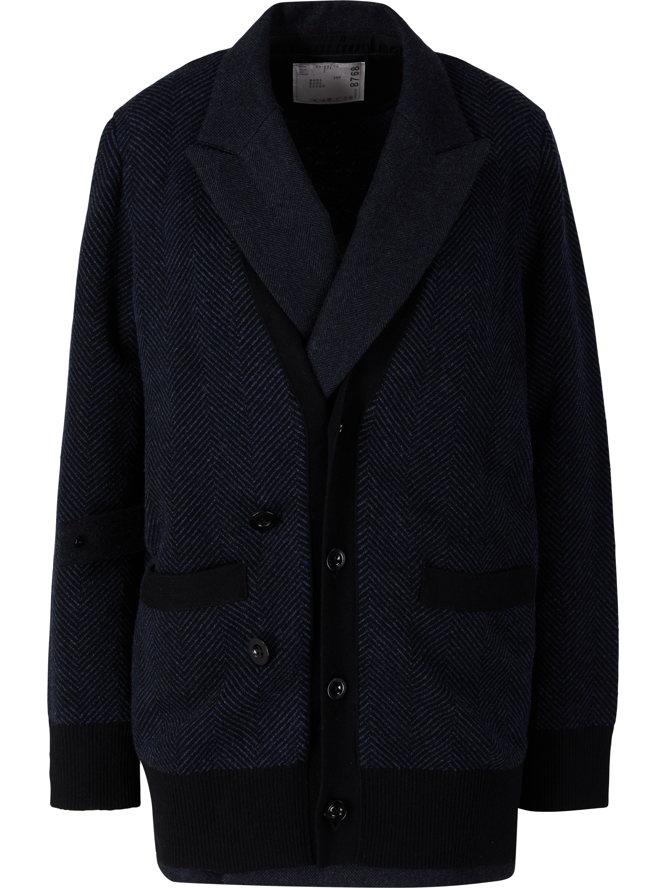 Sacai Woll-Strickjacke mit Fischgrätenmuster Marineblau, Produktansicht – UNGER.DE