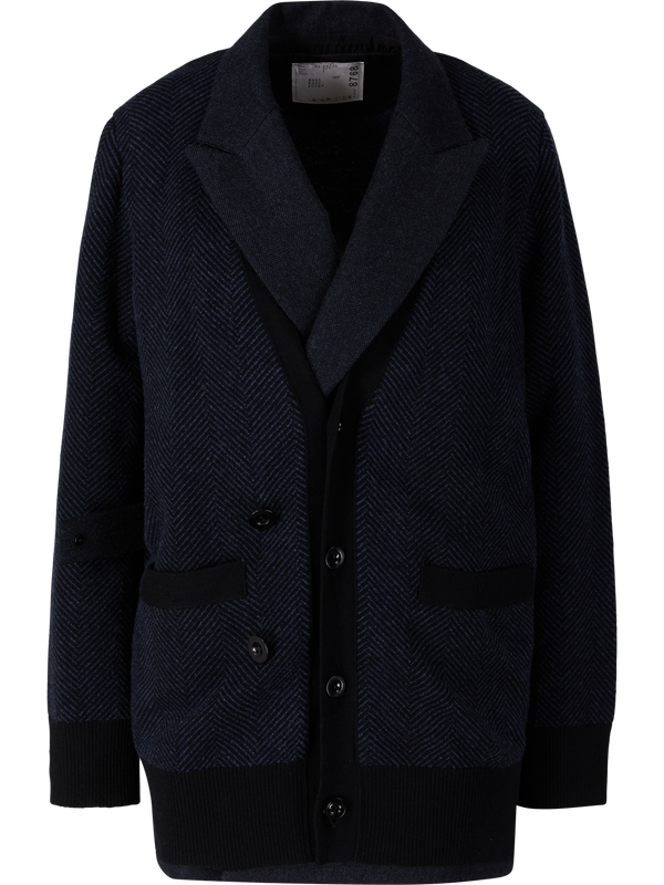 Woll-Strickjacke mit Fischgrätenmuster Marineblau