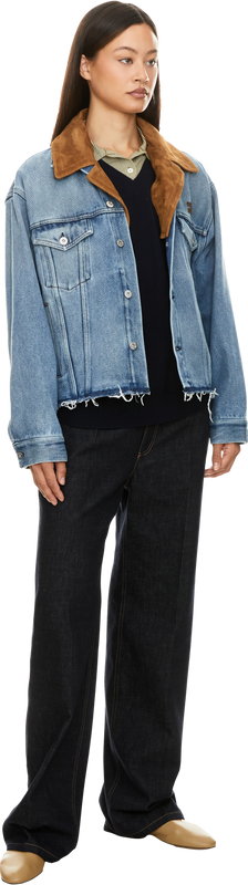 Oversized denim jacket with leather collar blue