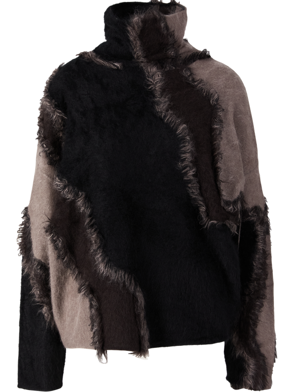 'Tinaja' jumper in brushed cashmere with a stand-up collar in Nero/Taupe