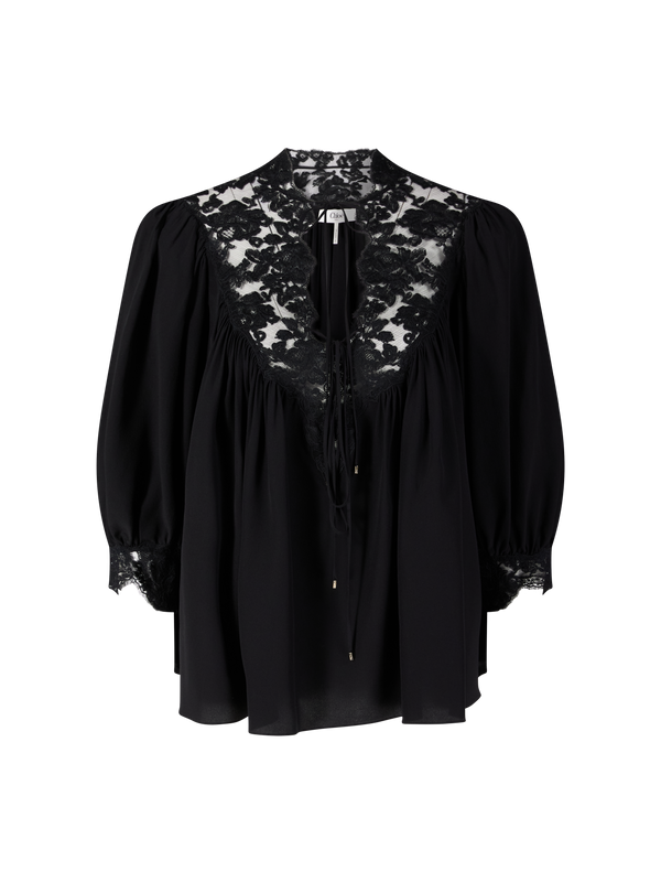 Flowing blouse in crêpe de chine and lace black