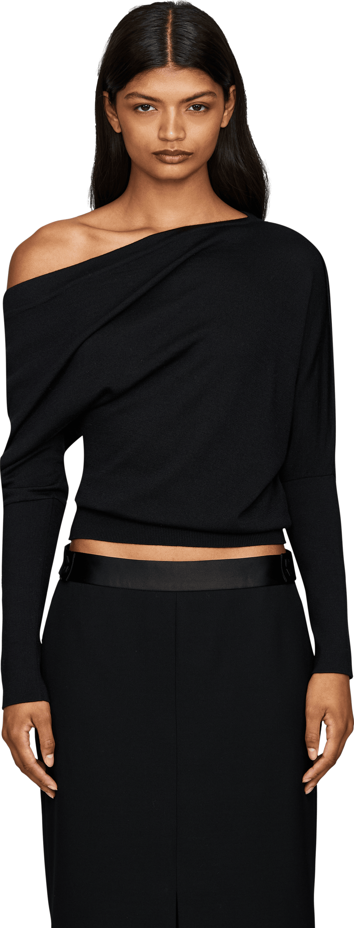 Tom Ford Schulterfreier Woll-Seidenpullover Schwarz, Frontansicht – UNGER.DE