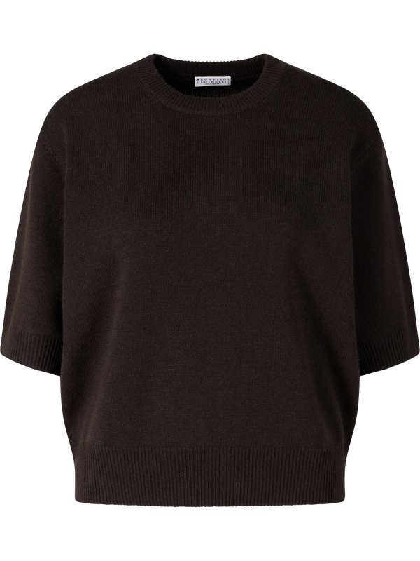 Cashmere-Kurzarmpullover mit Monili-Perlen Dunkelbraun