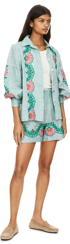 Leinenshorts 'Fava' mit Blumen Stickerei Grün