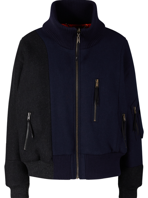Patchwork bomber jacket in wool navy blue/dark grey
