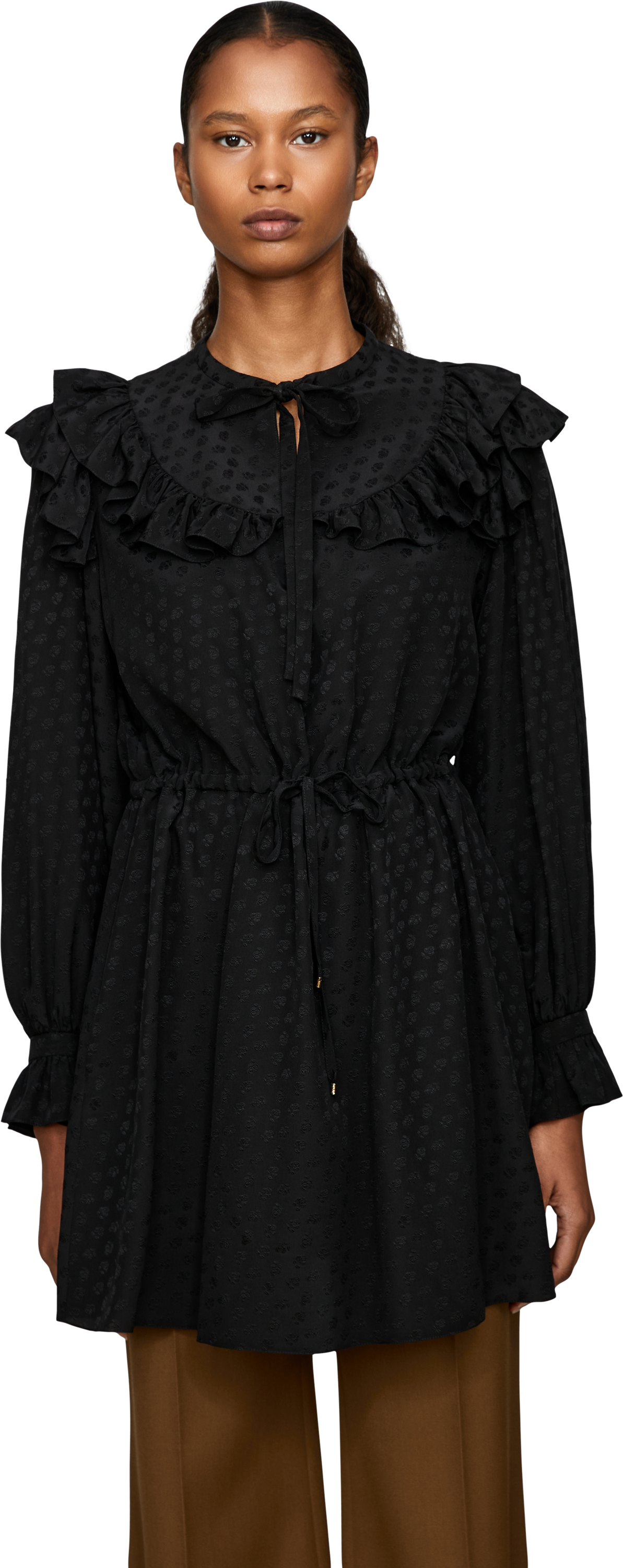 Chloé Gerüschtes Seidenkleid mit floralen Stickereien Schwarz, Frontansicht – UNGER.DE