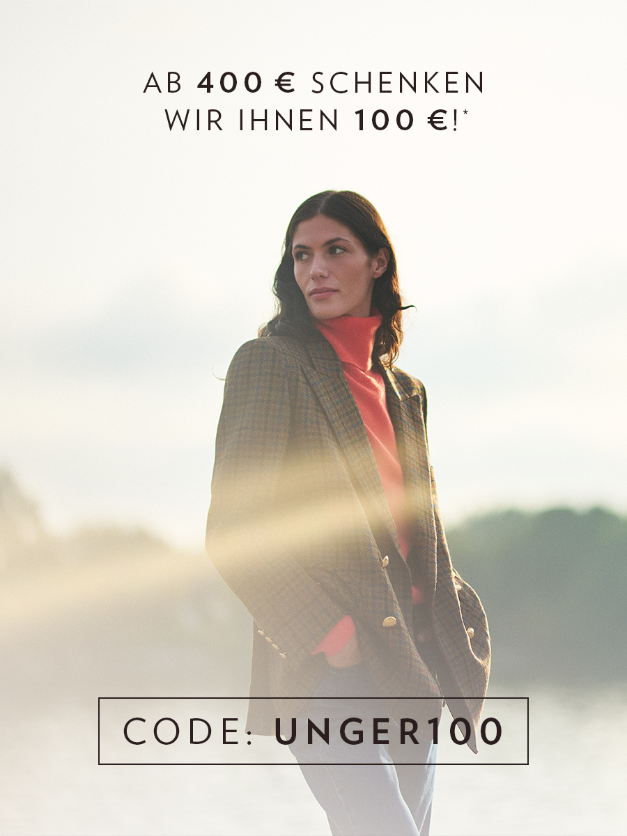Frau mit kariertem Blazer und rotem Rollkragenpullover, Text: Ab 400 Euro schenken wir Ihnen 100 Euro, Code UNGER100