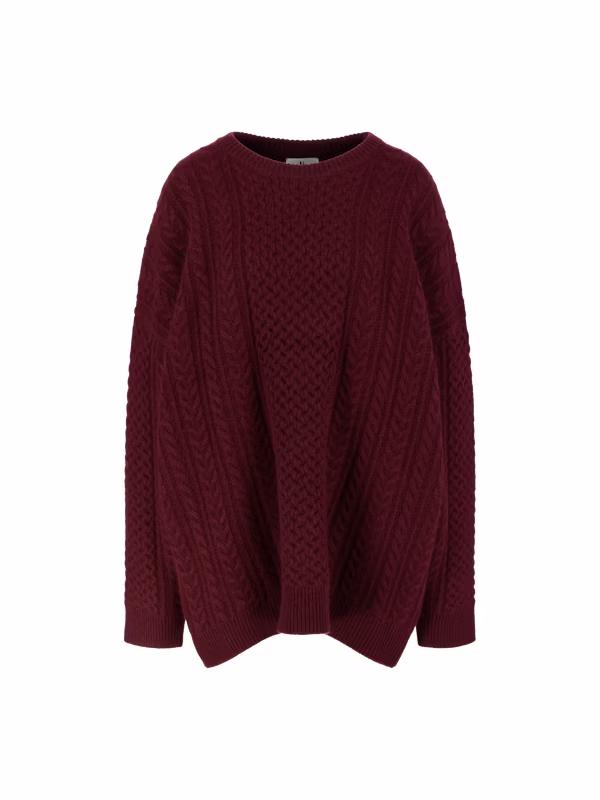 Oversized Cashmere-Pullover mit Zopfmuster Bordeaux