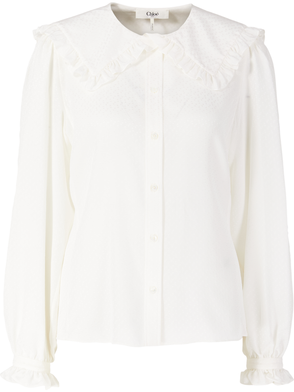 Embroidered silk blouse with ruffles white