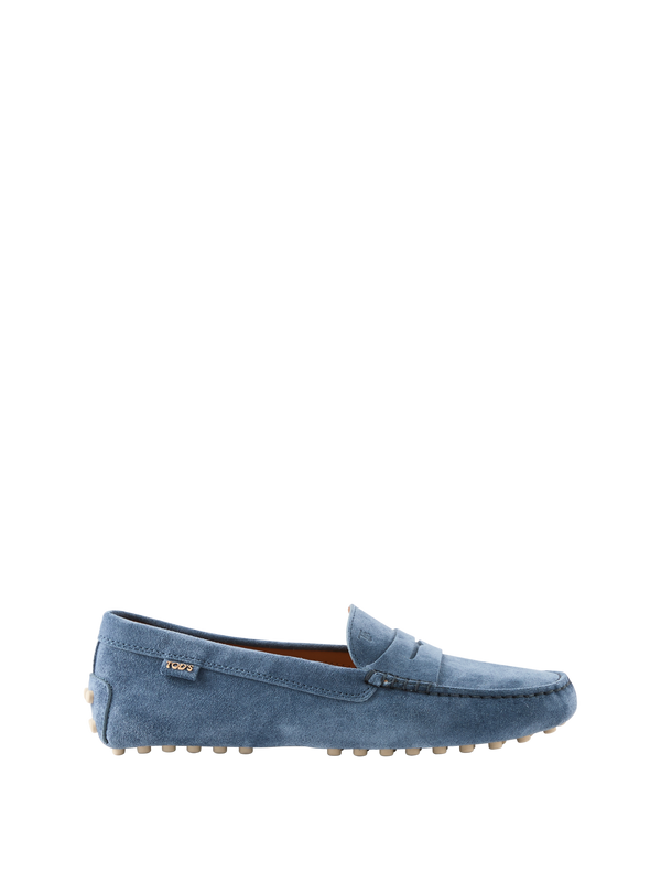 Blue calf suede moccasins with studded soles