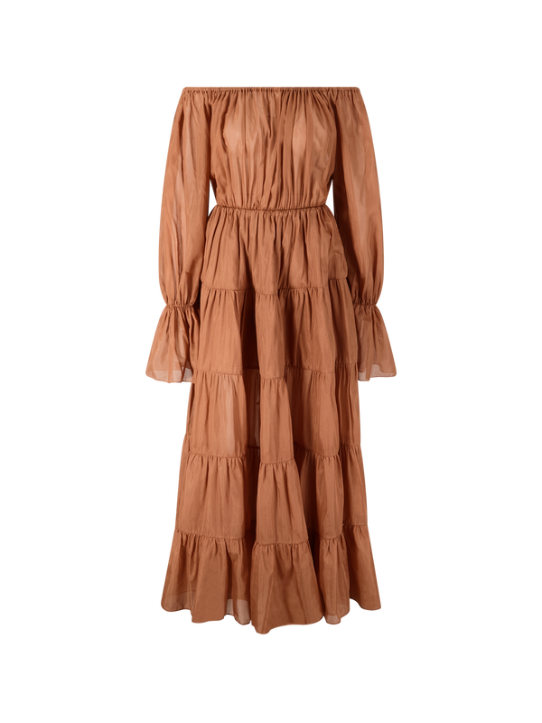 'Beatrice' Off-the-Shoulder Dress – Brown