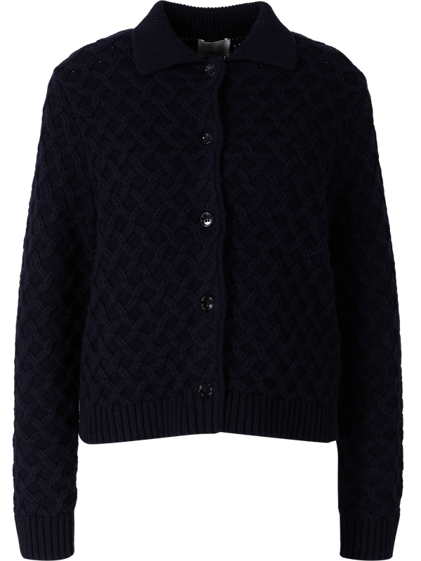 Wool and cashmere cardigan with a cable knit pattern, navy blue